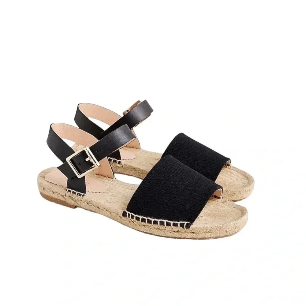 J. Crew Leather and Canvas Made in Spain ankle strap espadrille Black Size 5 NWT